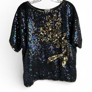 Vintage Black Sequin Embellished Silk Top with Gold Floral Design